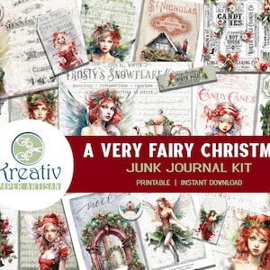 A Very Fairy Christmas Junk Journal Kit, afdrukbaar, rood, groen, ijzig, fantasie, snoepgoed, rendier, peperkoek, mythisch, kortstondig, tags