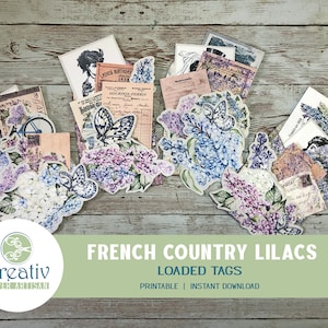 Etiquetas cargadas, Lilas del país francés, Mariposa, Bolsillo, Púrpura, Azul, Rosa, Efímera, Bicicleta, Mujeres vintage, Imprimible, DESCARGA INSTANTE