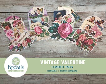 Vintage Valentine geladen Tags, Rosen, Tauben Ephemera (Printable INSTANT DOWNLOAD)