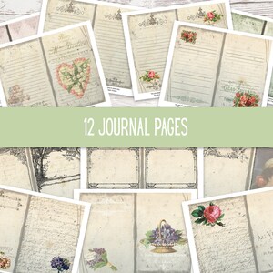 K&ouml;nnte beinhalten: Zw&ouml;lf druckbare Journal-Seiten mit Vintage-Designs. Die Seiten zeigen florale Illustrationen, handschriftlichen Text und dekorative Rahmen.