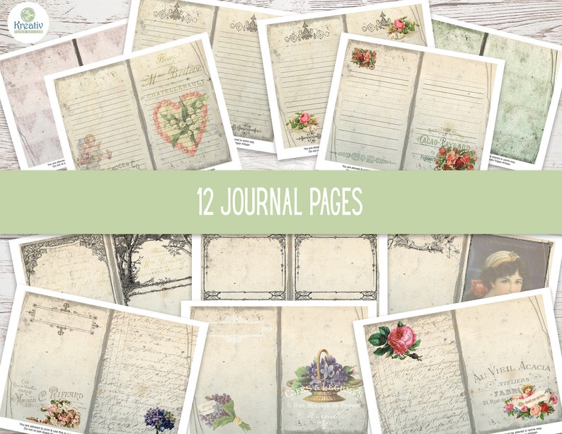 K&ouml;nnte beinhalten: Zw&ouml;lf druckbare Journal-Seiten mit Vintage-Designs. Die Seiten zeigen florale Illustrationen, handschriftlichen Text und dekorative Rahmen.