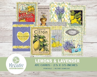 Lemons & Lavender, ATC cards, Vintage Ads, Lemonade, Purple, Yellow, Fresh, Citron, Printable, INSTANT DOWNLOAD