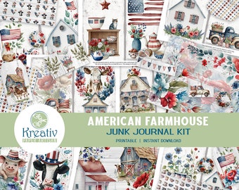 Amerikanisches Bauernhaus Junk Journal Kit, Patriotische Ephemera (druckbar)