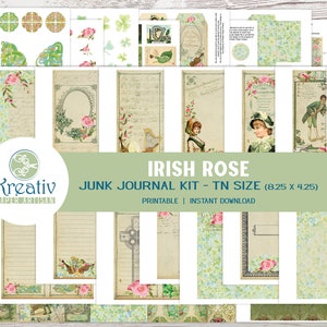 Kit di diario Irish Rose TN, giorno di San Patrizio, documenti digitali celtici, oggetti effimeri vintage, quadrifogli, rose, Irlanda, nodi celtici, croce celtica