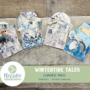 Pode incluir: Cinco etiquetas imprimíveis com tema de inverno com uma estética vintage. As etiquetas apresentam ilustrações de um castelo, um relógio, um veado e pinhas. As etiquetas são etiquetadas como "Wintertide Tales Loaded Tags".