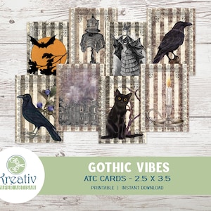 Gothic ATC, Cartes imprimables, Halloween, Effrayant, Rayures, Chat noir, Corbeau, Chauves-souris, Maison hantée, Scrapbooking, Journal indésirable, TÉLÉCHARGEMENT INSTANTANÉ