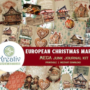 Mercatino di Natale europeo, kit stampabile MEGA Junk Journal, tedesco, scandinavo, prodotti da forno, pan di zenzero, Babbo Natale, canti natalizi, Ephemera, tag