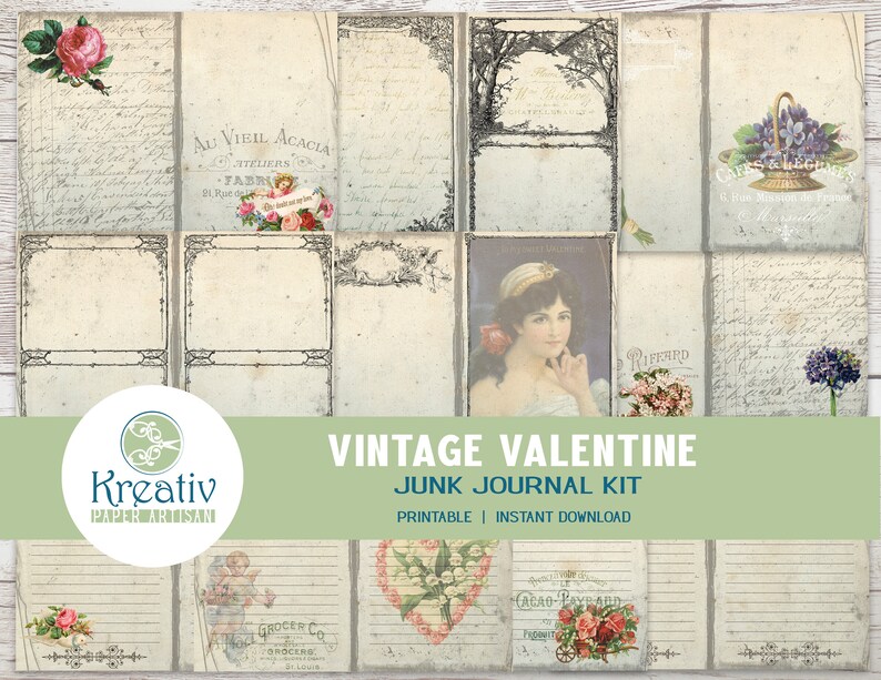 K&ouml;nnte beinhalten: Vintage Valentine Junk Journal Kit mit druckbaren Seiten mit floralen Designs, handschriftlichem Text und Illustrationen im antiken Stil. Das Kit enth&auml;lt eine Vielzahl von Seiten mit verschiedenen Layouts und Designs, perfekt f&uuml;r die Erstellung eines einzigartigen und personalisierten Journals.
