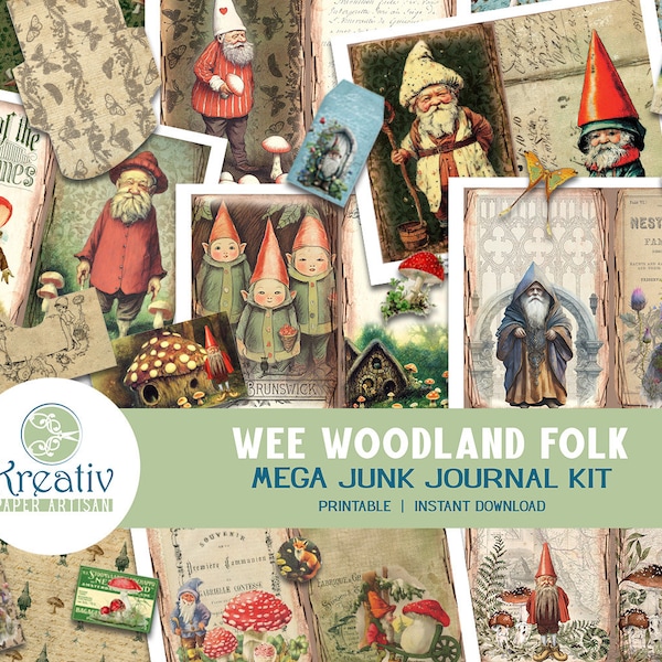 Wee Woodland Folk Junk Journal Kit, Forest Gnomes, Mushrooms, Toadstools, Irish Fairytale, Ephemera, ATC, Hidden Paperclips, Fern, Printable