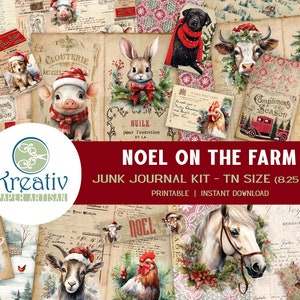 Noel on the Farm, Printable Junk Journal Kit, Traveler&#39;s Notepad, Cows, Sheep, Goats, Horse, Chickens, Donkey, Dog, Cat, Instant Download