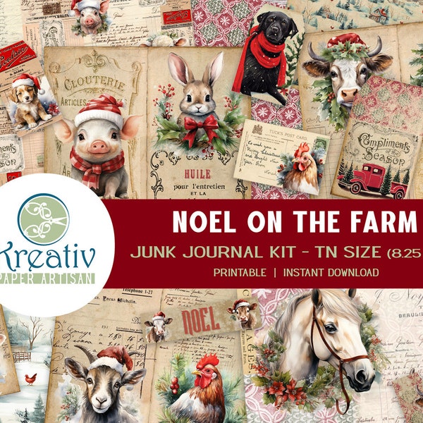 Noel on the Farm, Printable Junk Journal Kit, Traveler's Notepad, Cows, Sheep, Goats, Horse, Chickens, Donkey, Dog, Cat, Instant Download