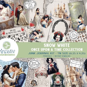 Sneeuwwitje, afdrukbare TN-formaat Junk Journal Kit, Once Upon A Time, sprookje, verhalenboek, Prince Charming, Boze koningin, middeleeuws, mythisch