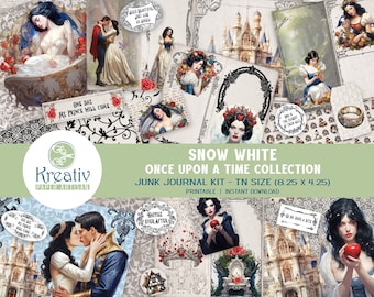 May include: Printable junk journal kit featuring Snow White illustrations. The kit includes images of Snow White, the Prince, the Evil Queen, and other characters from the fairy tale. The kit is designed for use in a traveler's notebook (TN) and measures 8.25 inches by 4.25 inches.