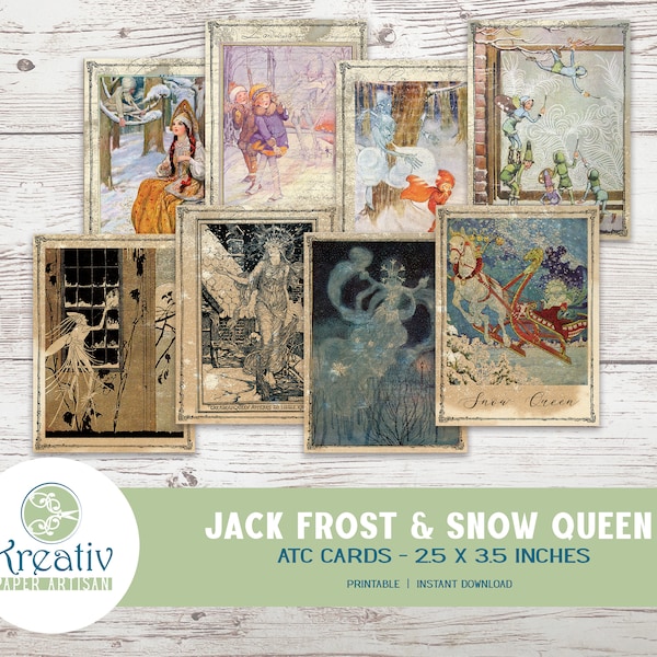 ATC cards for Junk Journal, 2.5 x 3.5 inches, Jack Frost, Snow Queen, Children, Winter, Vintage Ephemera, Printable, INSTANT DOWNLOAD