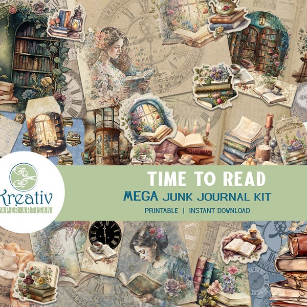 Time To Read, Printable MEGA Junk Journal Kit, Hygge, Cozy, Reading, Book Nooks, Book lover, Bookish gift, Vintage, Florals, Autumn, Clocks