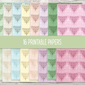 K&ouml;nnte beinhalten: 16 druckbare digitale Papiere mit einem zarten floralen Damastmuster in verschiedenen Pastellfarben, darunter Gr&uuml;n, Blau, Rosa, Gelb und Beige. Die Papiere haben einen dezenten gestreiften Hintergrund.