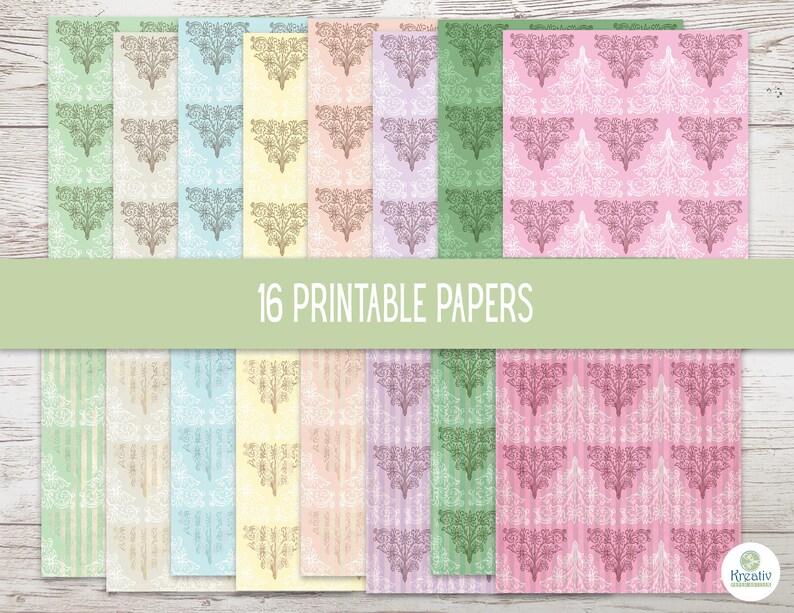 K&ouml;nnte beinhalten: 16 druckbare digitale Papiere mit einem zarten floralen Damastmuster in verschiedenen Pastellfarben, darunter Gr&uuml;n, Blau, Rosa, Gelb und Beige. Die Papiere haben einen dezenten gestreiften Hintergrund.