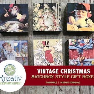 Christmas Gift Box, Matchbox Style, Vintage, 2x2, Fudge Box, Cookie Box, Candy Box, Trinkets, Cube, Sliding Lid, Printable, INSTANT DOWNLOAD