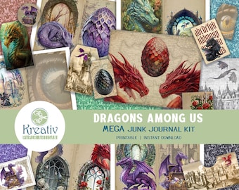 Printable Junk Journal Kit, Dragons Among Us, Medieval Village, Castle, Fairytale, Forest, Dragon Eggs, Gothic, Windows, Black, Red, Purple