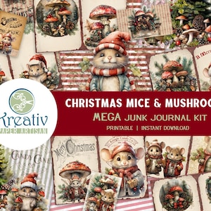 Kerstmuizen en paddenstoelen, afdrukbare MEGA Junk Journal Kit, paddenstoelen, bos, natuur, kortstondige, scrapbooking, schattige muizen, ATC, vakantie