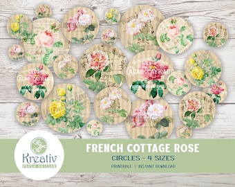 French Cottage Rose Printable Circles, Vintage Typography (Instant Download)