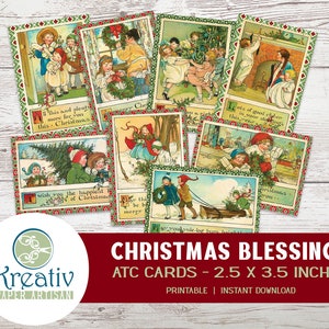 Bênçãos de Natal, ATC, Junk Journal, Scrapbook, 2,5 x 3,5 polegadas, Crianças, Árvore de Natal, Coisas Efêmeras Vintage, Para Impressão, DOWNLOAD INSTANTÂNEO