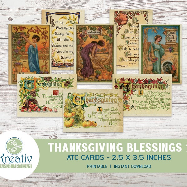 Thanksgiving Blessings, ATC, Junk Journal, Vintage Postcards, Autumn, Vintage Women, Ephemera, Greetings, Instant Download, PRINTABLE