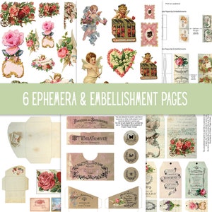 K&ouml;nnte beinhalten: Sechs druckbare Seiten mit Vintage-Ephemera und -Verzierungen mit Bildern von Engeln, Blumen, Herzen und Text in Franz&ouml;sisch. Die Seiten sind f&uuml;r Basteln und Scrapbooking gedacht.