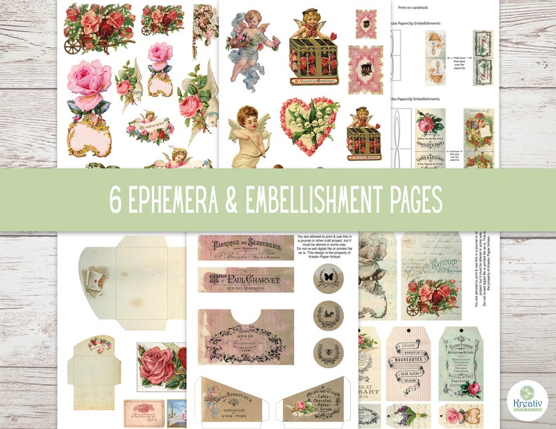 K&ouml;nnte beinhalten: Sechs druckbare Seiten mit Vintage-Ephemera und -Verzierungen mit Bildern von Engeln, Blumen, Herzen und Text in Franz&ouml;sisch. Die Seiten sind f&uuml;r Basteln und Scrapbooking gedacht.
