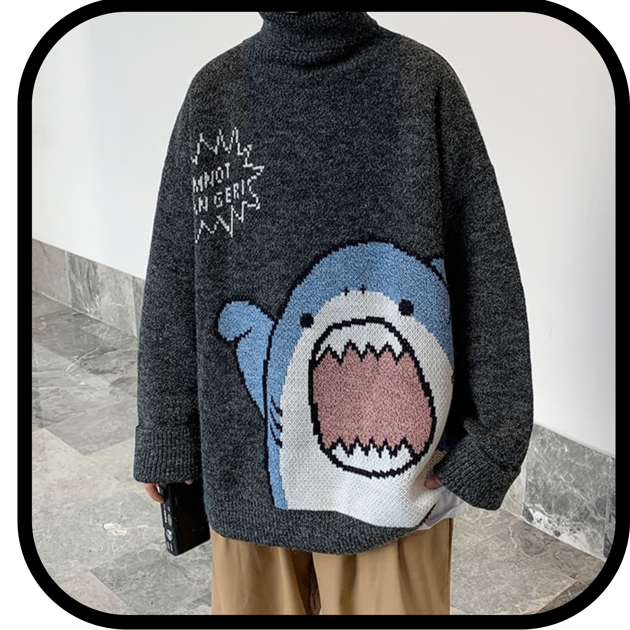 Turtlenecks Shark Sweater Cartoon Casual Long Sleeve Knitted - Etsy