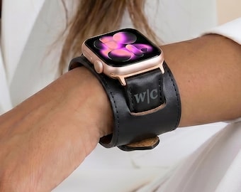 Pulseira de couro para relógio, acessório personalizado para Apple Watch masculino, estilo bracelete robusto