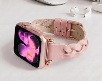 Personalized Braided Leather Apple Watch Band: Custom Monogram Slim Watch Strap, Leather Apple Watch Strap