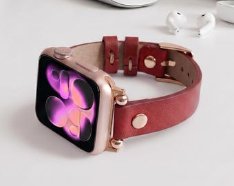 Personalized Leather Apple Watch Band: Slim Genuine Leather Strap for Women, Custom Apple Watch Strap