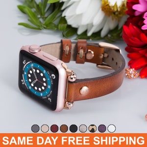 Rustic Leather Apple Watch Band 40mm 41mm 38mm 42mm 44mm 45mm 49mm, Slim Leather iWatch Strap for Women Suitable with Series 8 7 6 5 4 3 2 1