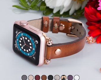 Rustic Leather Apple Watch Band 40mm 41mm 38mm 42mm 44mm 45mm 49mm, Slim Leather iWatch Strap for Women Suitable with Series 8 7 6 5 4 3 2 1