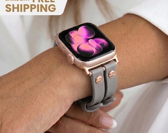 Pulseira de couro dupla para Apple Watch: Pulseira cinza feminina, estilo bracelete, personalizada.