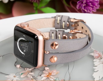 Gray Leather Apple Watch Band, Apple 49mm 45mm 41mm 40mm 42mm 44mm 38mm SE for Women iWatch Strap Ultra 8 7 6 5 4 3 2 Christmas Gift for Her