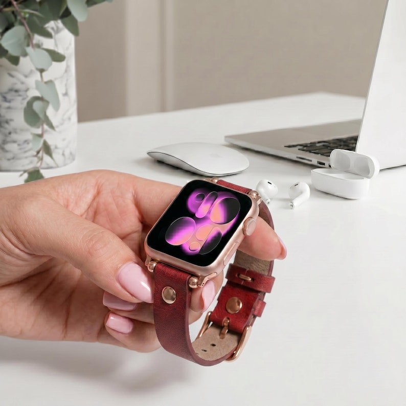 Slim Apple Watch Leather Band 41mm 38mm 42mm 45mm 46mm 49mm, Slim Leather Apple Watch for Women, For Series 11 10 9 8 7 6 5 4 3 2 1 Ultra SE