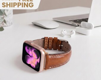 Leren horlogebandje voor Apple Watch heren: gepersonaliseerd gegraveerd bandje, handgemaakte leren armband