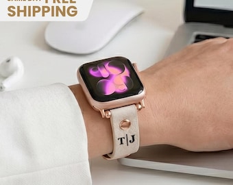 Personalized Leather Apple Watch Band: Slim Genuine Leather Strap for Women, Custom Apple Watch Strap