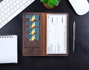 Personalized Leather Checkbook Cover Wallet, Men&#39;s Slim Checkbook Covers, Checkbook Gift For Women,Customized Checkbook,Cute Long Slim Woman
