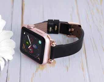 Apple Watch Band Women: Slim Leather Strap, Minimal Handmade Design, Personalized Unisex Style