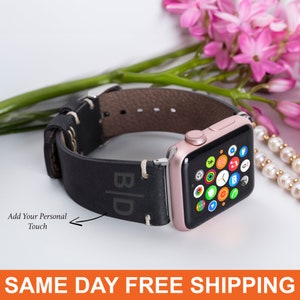 Black Apple Watch Band Men Leather Apple Watch Strap 41mm 40mm 38mm 49mm 45mm 44mm 42mm Custom iWatch Gift for Him Series 6 5 4 3 2
