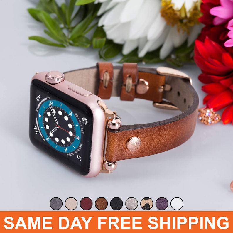 Slim Apple Watch Leather Band 41mm 38mm 42mm 45mm 49mm, Slim Leather Apple Watch for Women, Suitable for Series Ultra 2 9 8 7 6 5 4 3 2 1 image 3