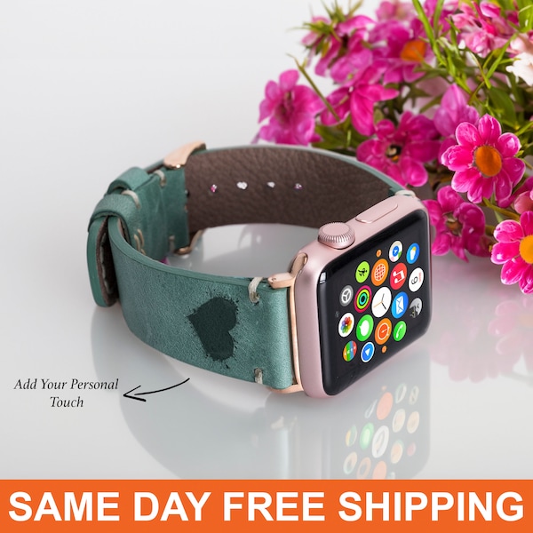 Teal Apple Watch Band 49mm 45mm 44mm 42mm 41mm 40mm 38mm Leather iWatch Strap Custom Monogram Christmas Gift for Him Series 8 7 6 5 4 3 2 1