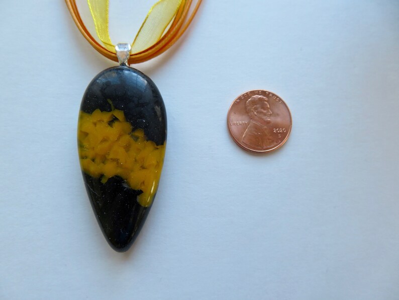 Unique Glass Jewelry Art Glass Necklace Yellow Fused Glass Teardrop Pendant on Ribbon Necklace