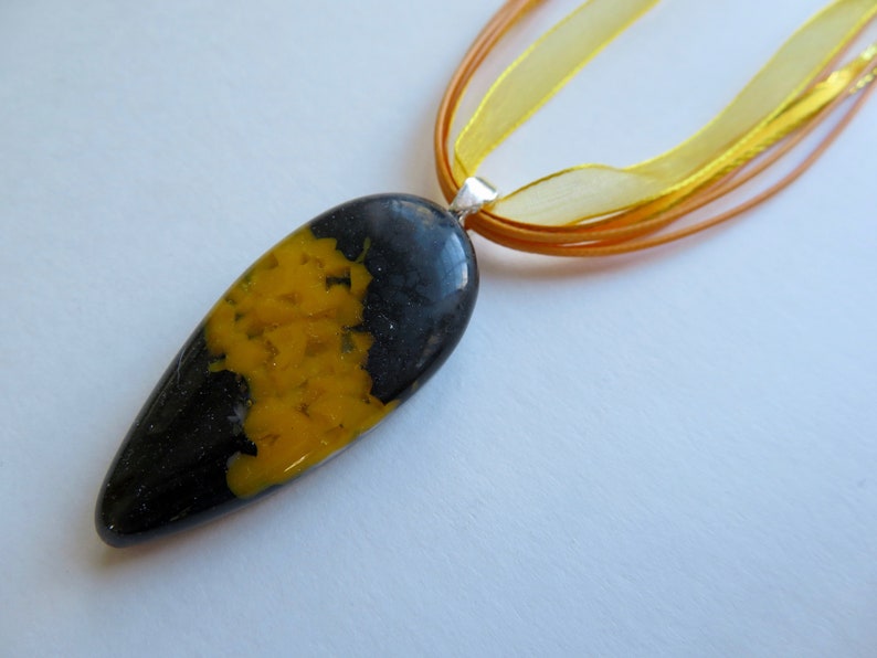 Unique Glass Jewelry Art Glass Necklace Yellow Fused Glass Teardrop Pendant on Ribbon Necklace