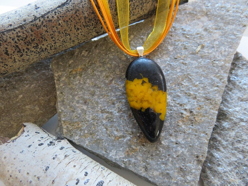 Unique Glass Jewelry Art Glass Necklace Yellow Fused Glass Teardrop Pendant on Ribbon Necklace