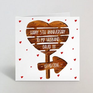 Personalised Name & Date 5th Wooden Wedding Anniversary Greeting Card - Romantic Cute Love Greeting Husband Wife Partner Spouse - UK Made
