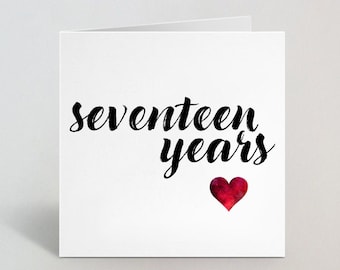 Seventeen Years 17th Wedding Anniversary Calligraphy Cursive Sketch Card Love Greeting Husband Wife Partner Spouse Boyfriend UK Made